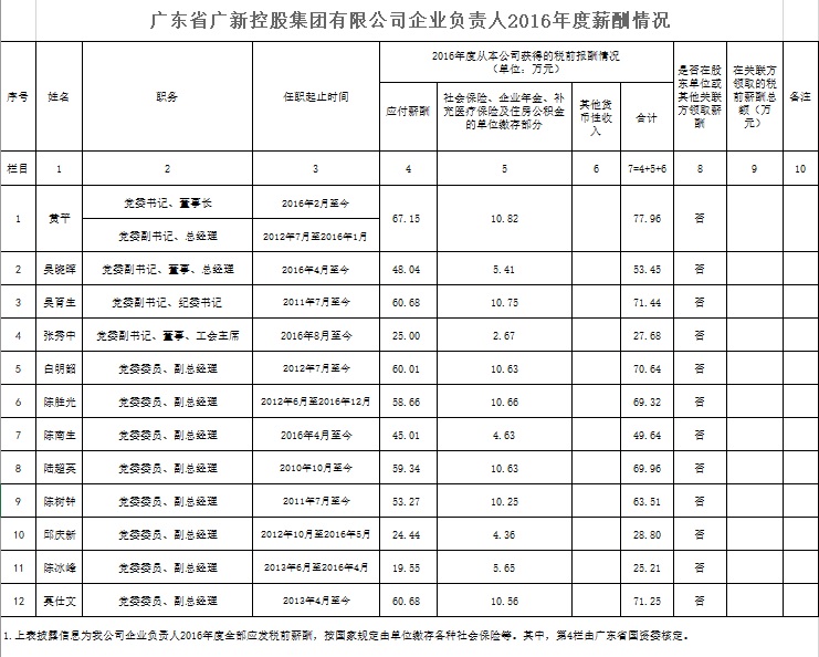 恒峰国际控股集团企业负责人2016年度薪酬情况